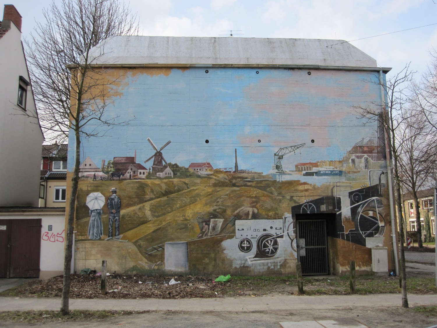 Das Bild zeigt die Bemalung des Bunkers auf der Seite Pastorenweg in der Grasberger Straße