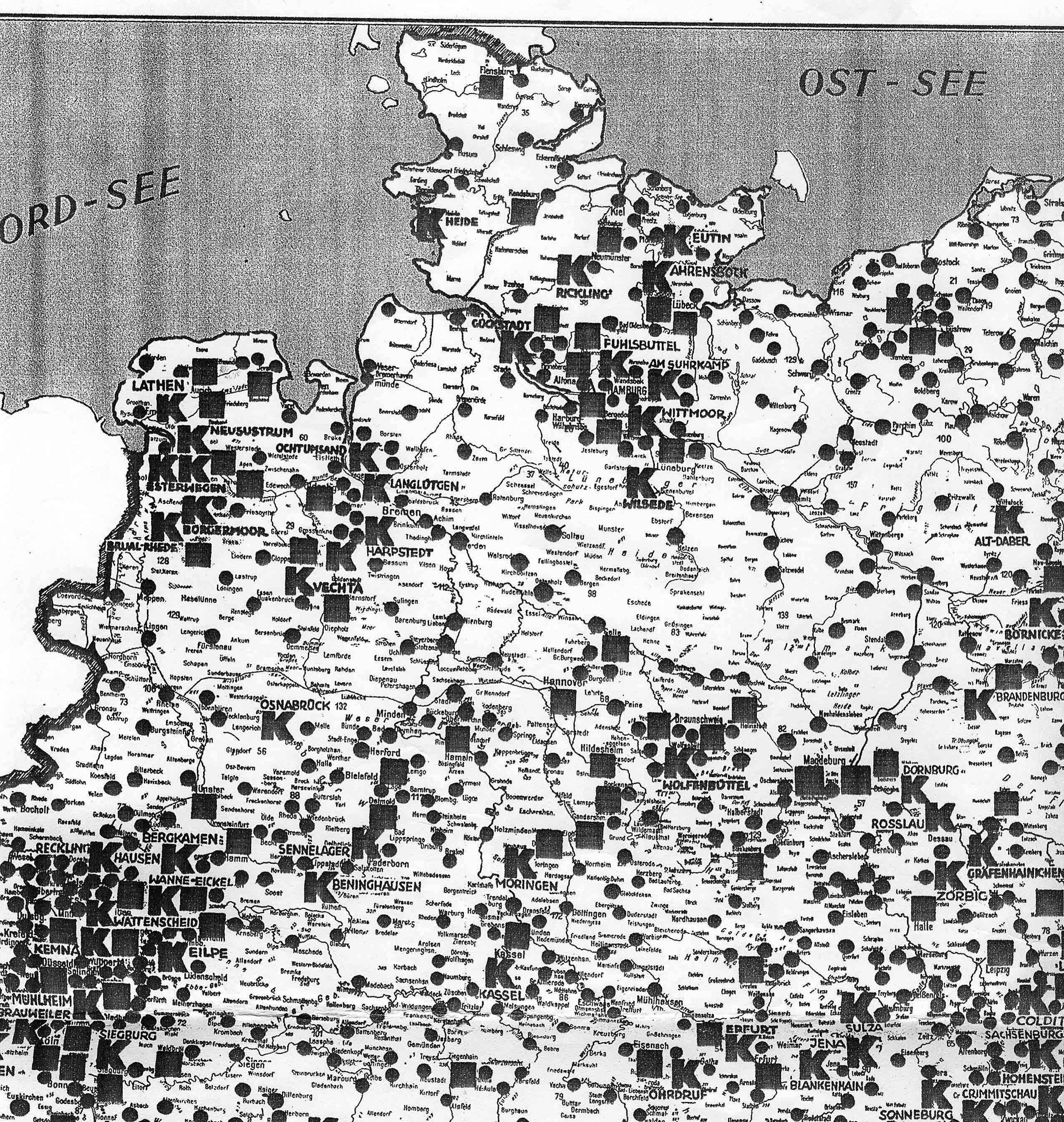 Bild zeigt einen detaillierteren Ausschnitt von West-Deutschland über damalige Konzentrationslager, Zuchthäuser und Gefängnisse