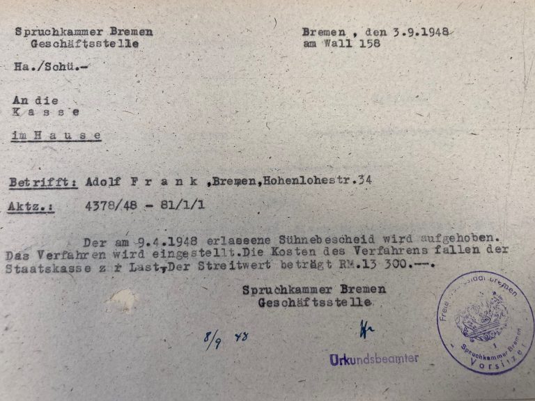 Aufhebung des Sühnebescheids Adolf Frank, 1948, StA Bremen 4.66 - I. 3049